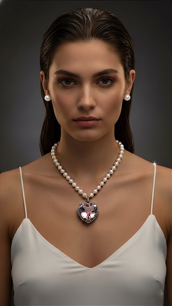 Colar Pérolas Insp Swarovski Coração Rose Cristal