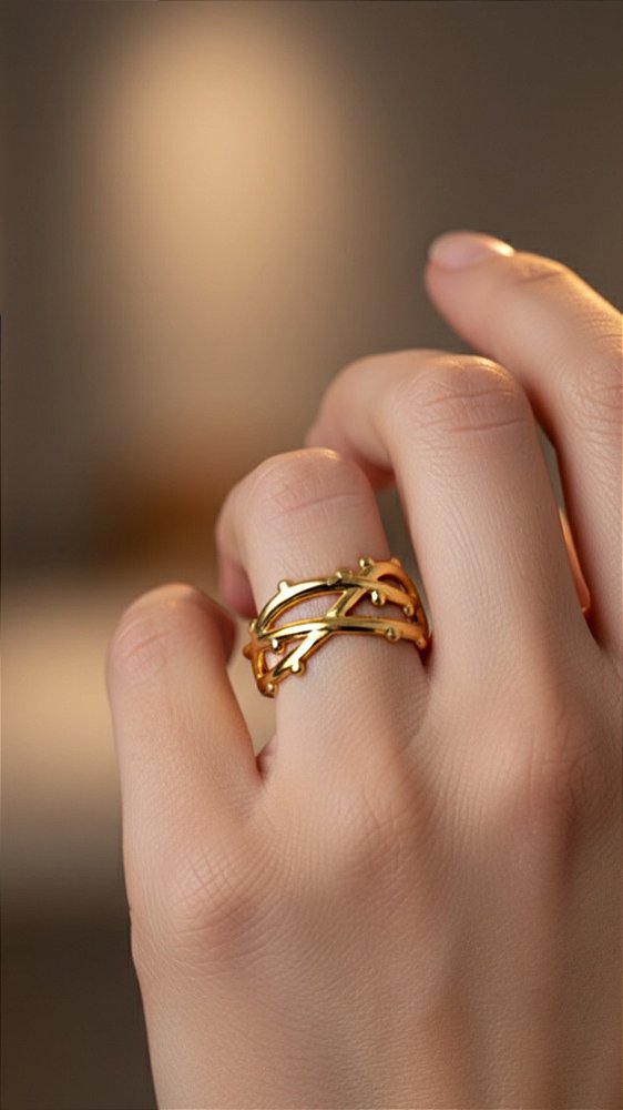 Anel Trançado Aço Dourado Ajustável