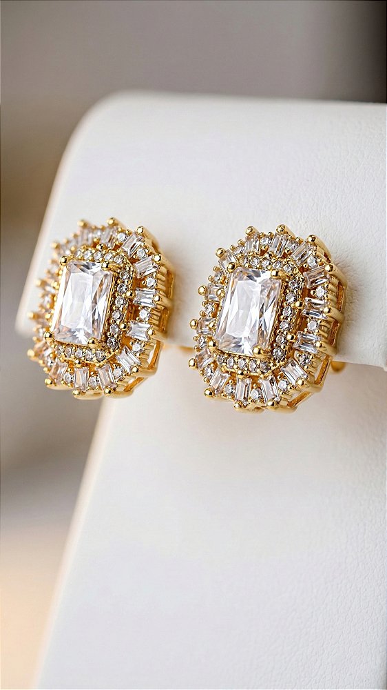 Brinco Broche Zircônia Dourado