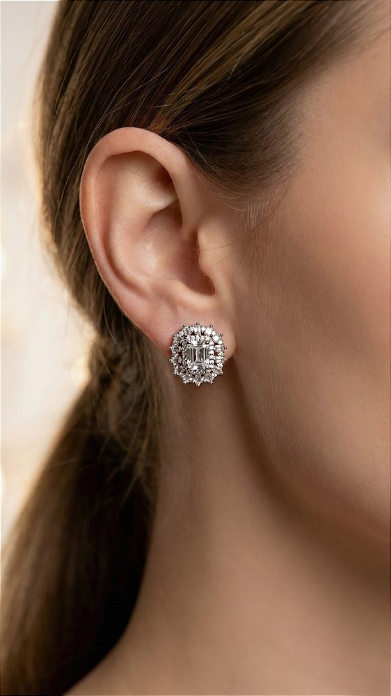 Brinco Broche Zircônia Prata