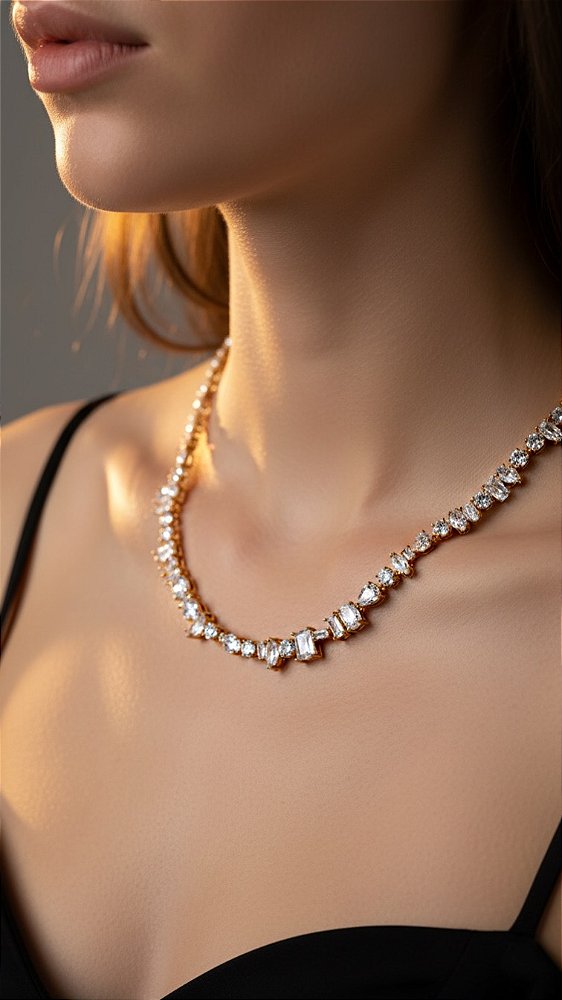 Colar Riviera Trabalhada Cristal Dourado
