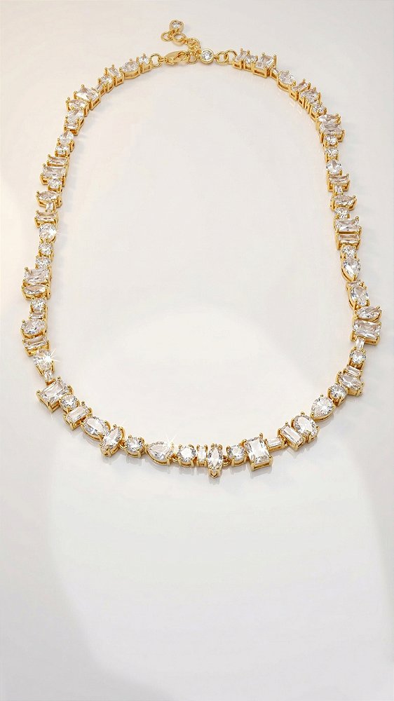 Colar Riviera Trabalhada Zircônias Banho Ouro 18K