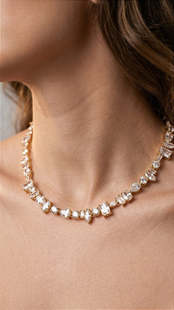 Colar Riviera Trabalhada Cristal Dourado