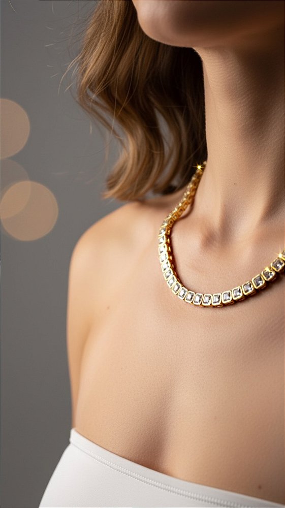 Colar Riviera Quadrada Insp Swarovski Cristal Dourada