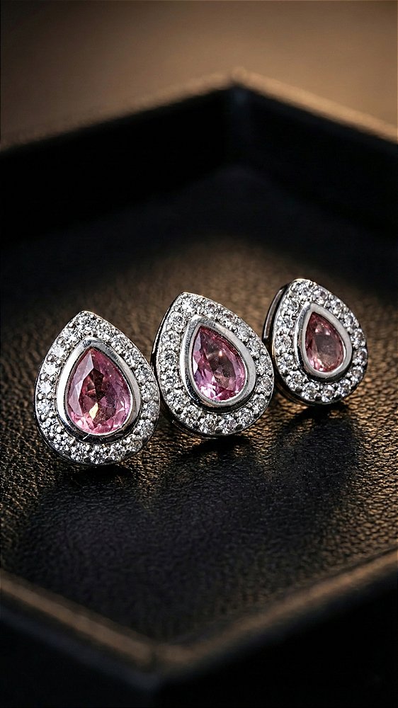 Brinco Trio Gota Cravejada Zircônia Rosa Prata