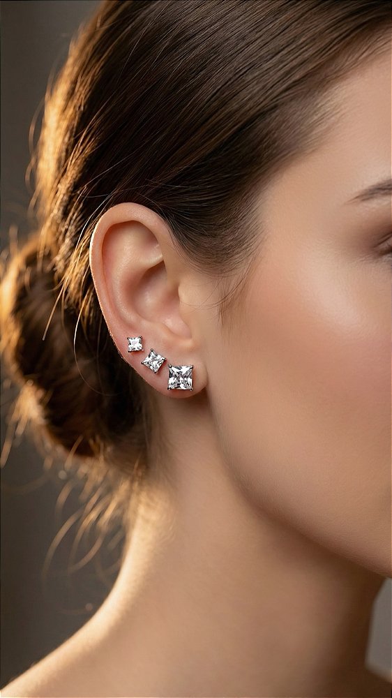 Brinco Trio Ponto de Luz 4 Pontas Quadrado Zircônia Prata