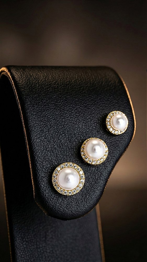 Brinco Trio Pérola Cravejado Dourado