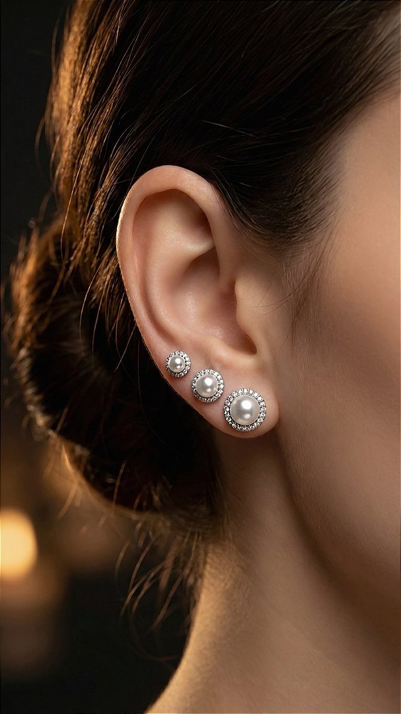 Brinco Trio Pérola Cravejado Prata