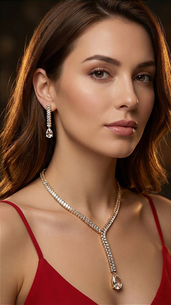 Conjunto Riviera Baguete Cristal Dourada