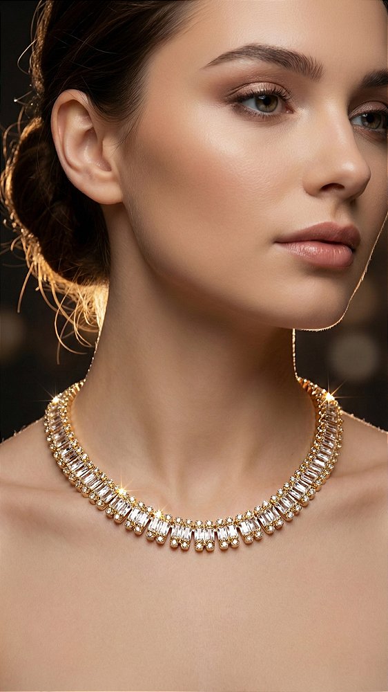 Colar Riviera Insp Swarovski Cravejado Baguete Dourado