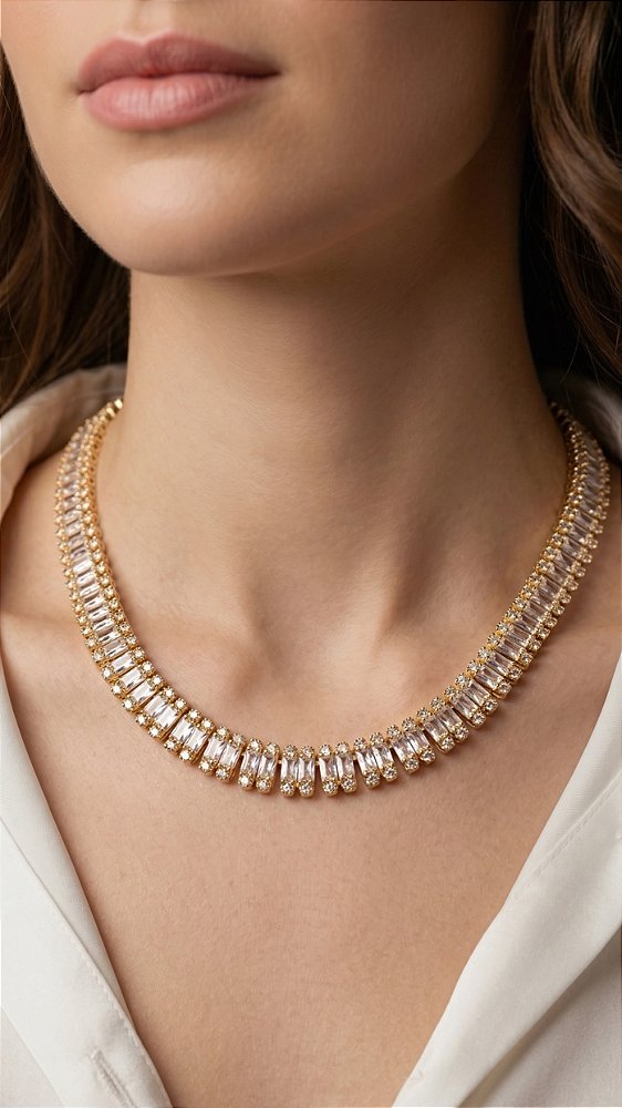 Colar Riviera Insp Swarovski Baguete Cravejada Premium Dourada