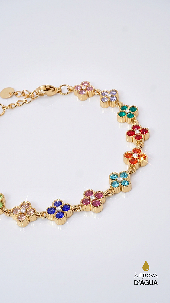 Pulseira Riviera Trevo Colorida Banho Ouro 18K Aço Ajustável