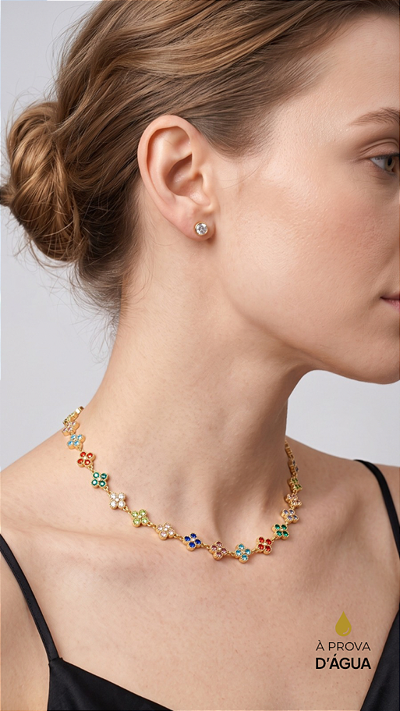 Conjunto Riviera Trevo Colorido Banho Ouro 18K Aço