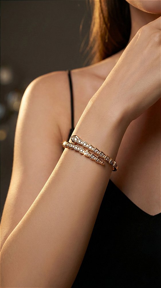 Bracelete Serpente Insp Bulgari Zircônia Dourado