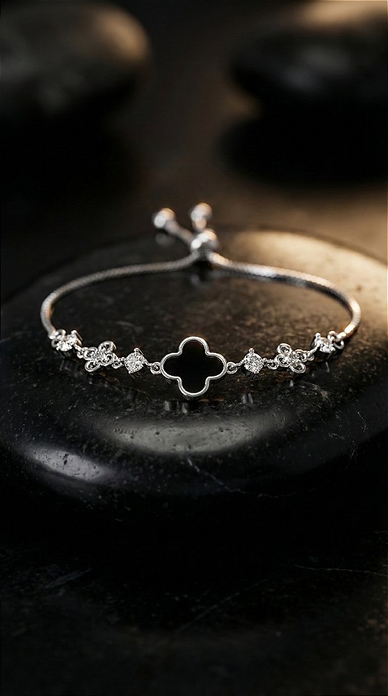 Pulseira Insp Van Cleef Trevo Preto Resina Prata