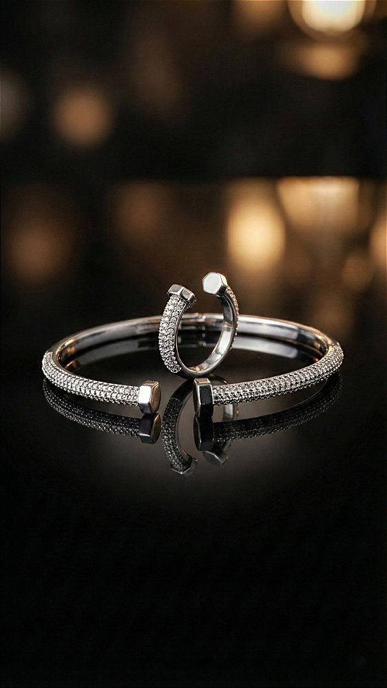 Conjunto Bracelete Anel Insp Cartier Zircônias Prata