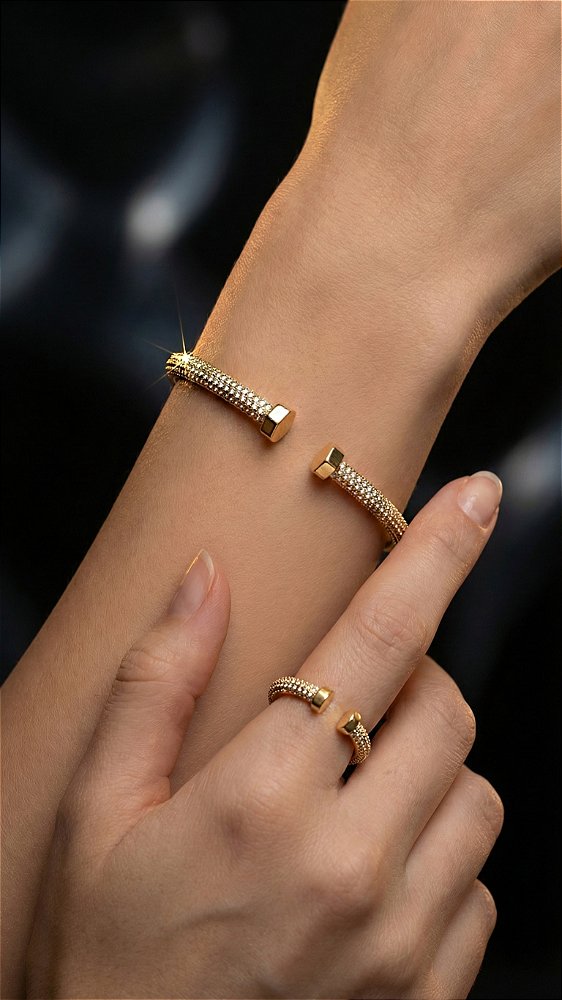 Conjunto Bracelete Anel Insp Cartier Zircônias Dourado