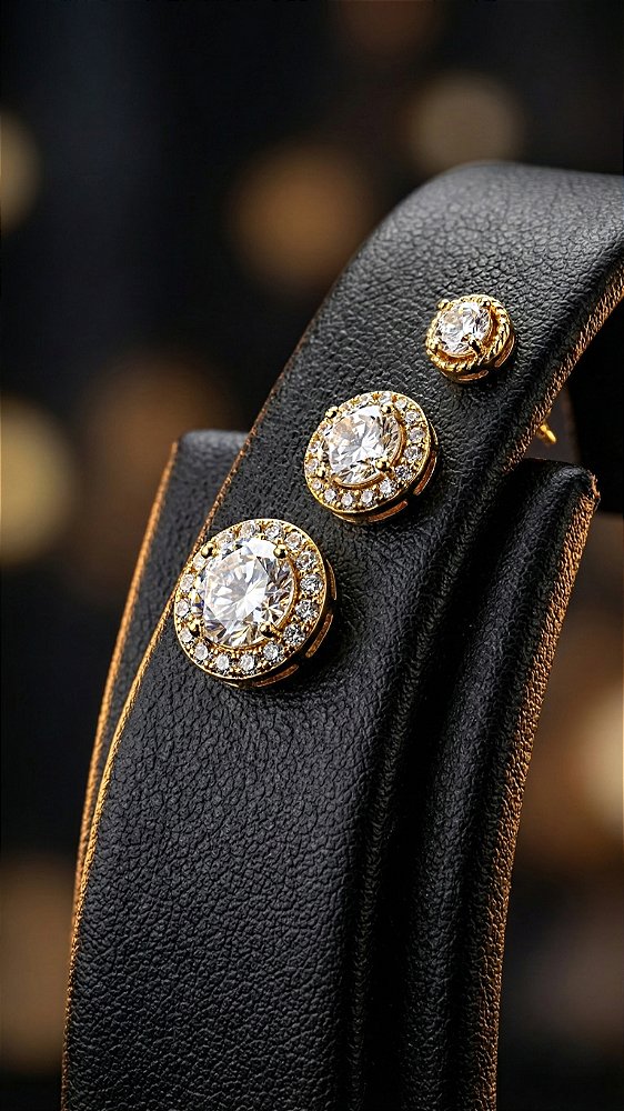 Brincos Trio Ponto de Luz Cravejado Zircônia Dourado