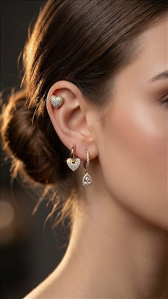 Brincos Trio Insp Pandora Corações Cravejados Dourado