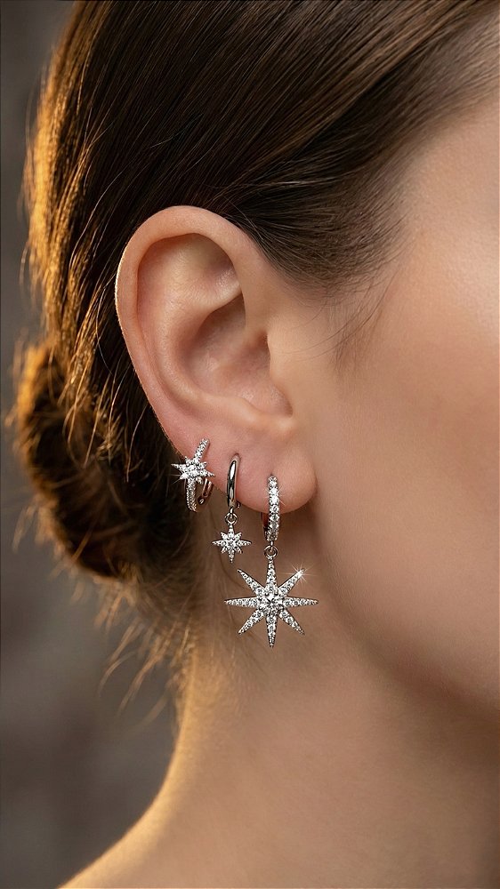 Brinco Trio Estrela Canopus Zircônia Cravejada Prata