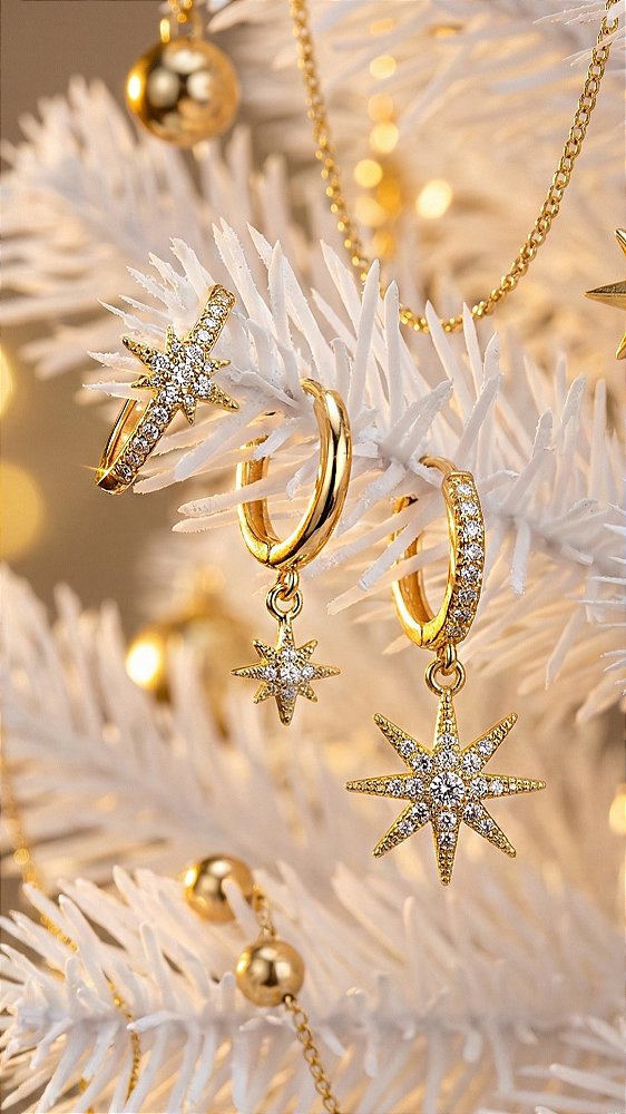 Brinco Trio Argola Estrela Canopus Zircônia Cravejada Dourado