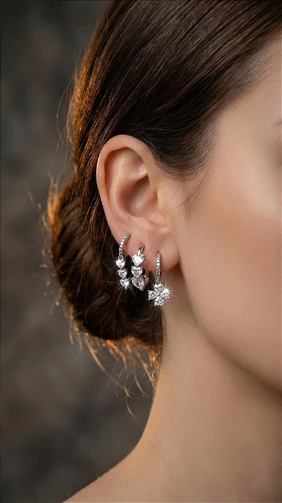 Brinco Trio Argolas Zircônia Pendurada Prata