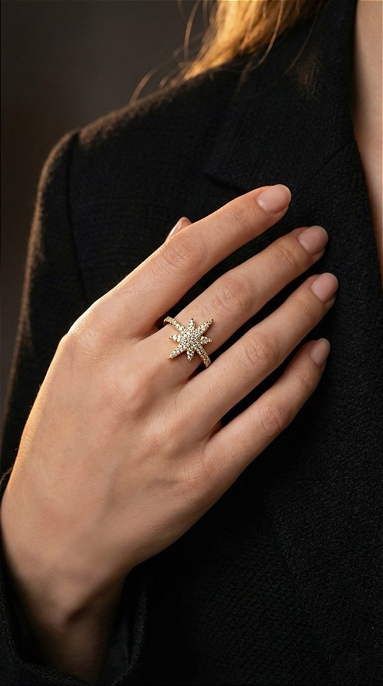 Anel Estrela Canopus Zircônias Cravejada Dourado