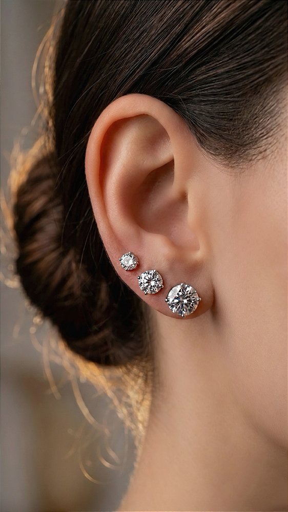 Brinco Trio Ponto de Luz 4 Pontas Grande Zircônia Prata