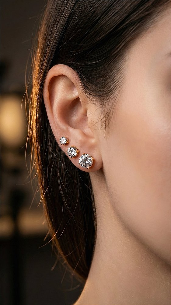 Brinco Trio Ponto de Luz 4 Pontas Grande Zircônia Dourado