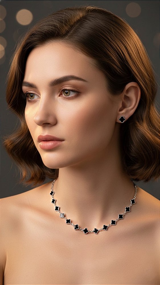 Conjunto Insp Van Cleef Alhambra Preto Prata