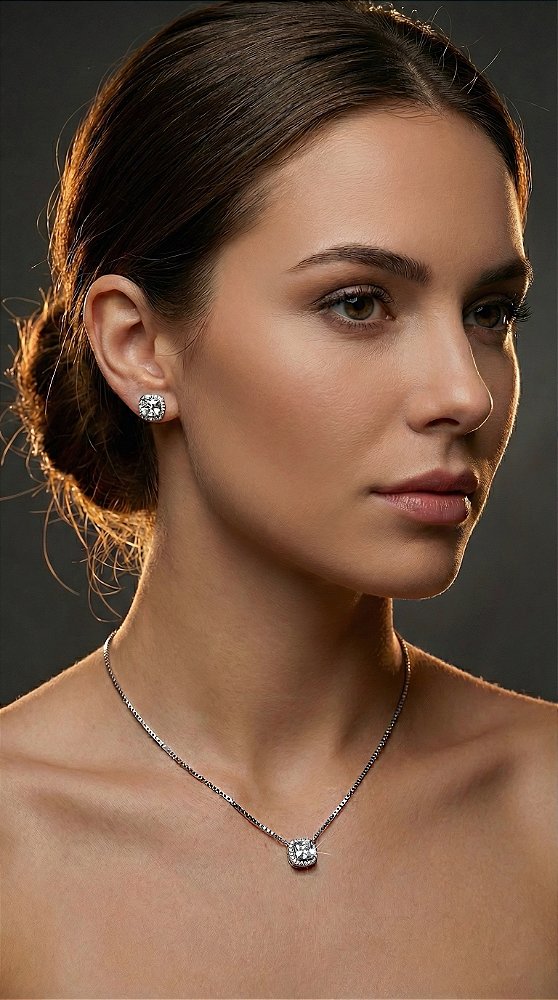 Conjunto Ponto de Luz Quadrado 4 Pontas Zircônia Prata