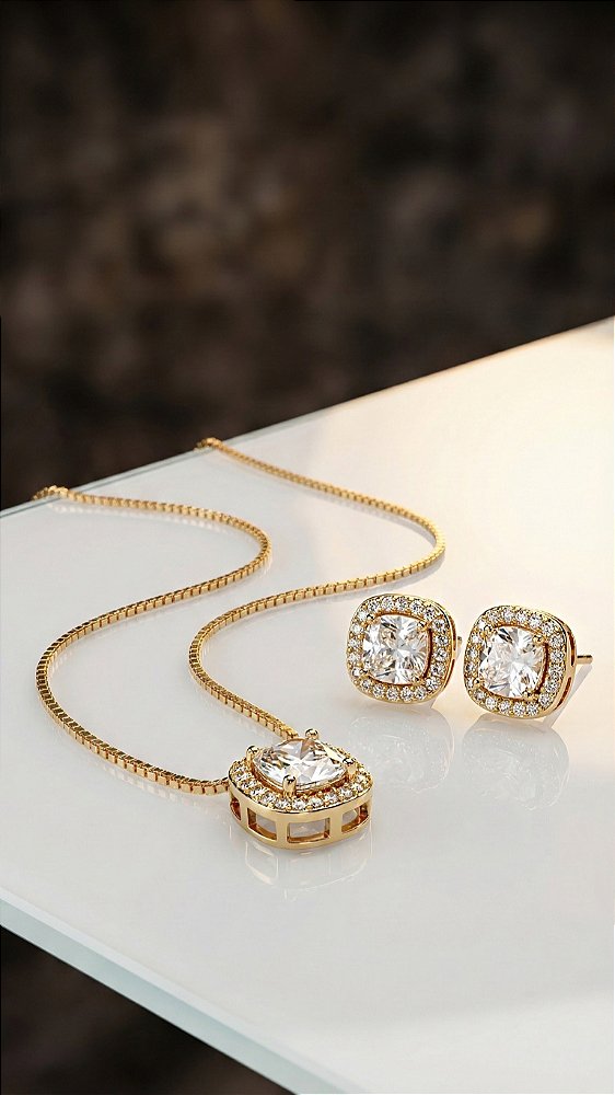 Conjunto Ponto de Luz Quadrado 4 Pontas Zircônia Dourado