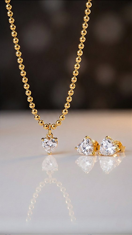 Conjunto Coração Zircônia Cristal Dourado