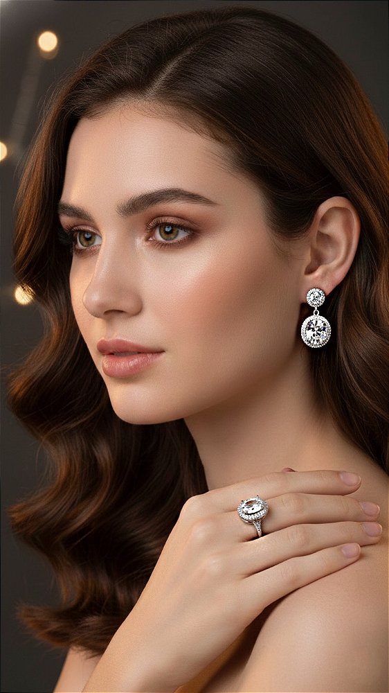 Conjunto Brincos e Anel Zircônia Cravejado Prata