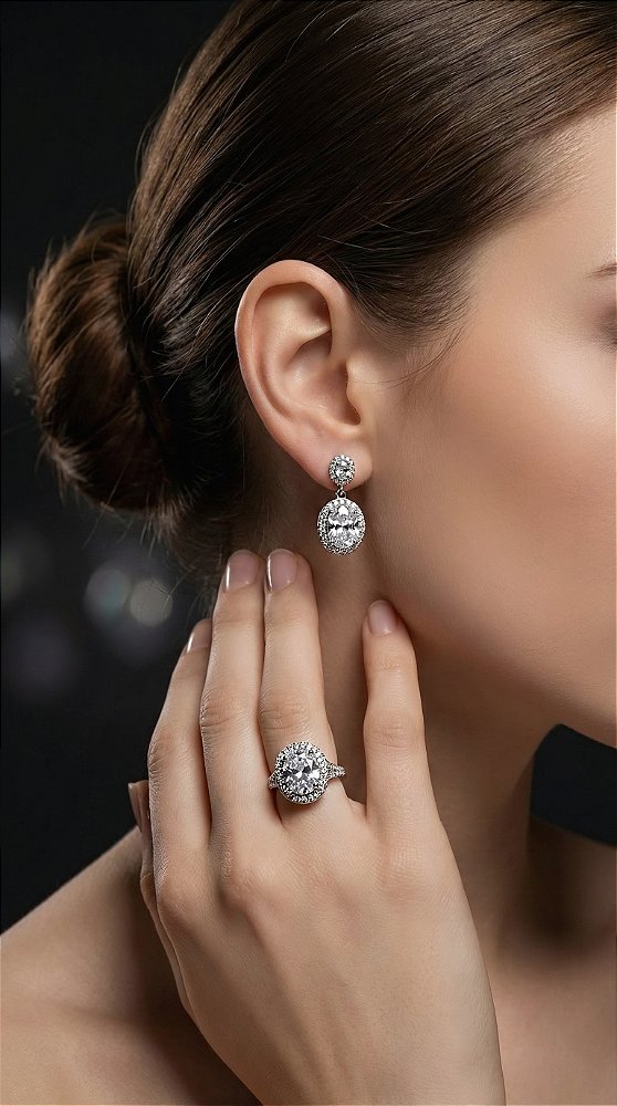 Conjunto Brincos e Anel Zircônia Cravejado Prata