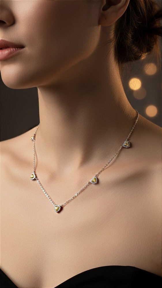 Colar Corações Zircônia Citrino Prata