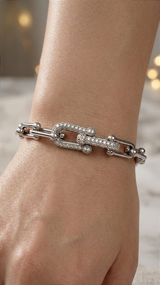 Pulseira Elos Insp TF Cravejada Aço Prata
