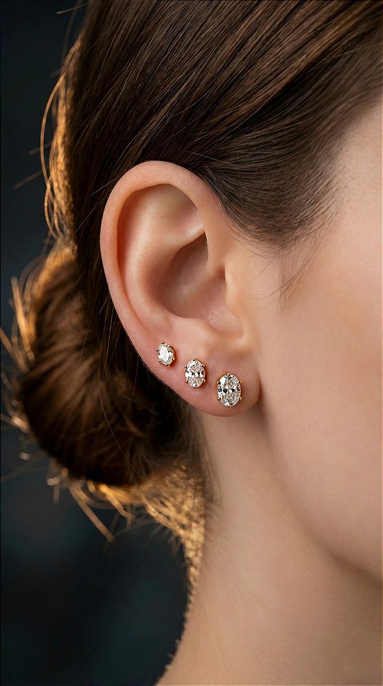 Brinco Trio Ponto de Luz Oval 6 Pontas Zircônia Dourado