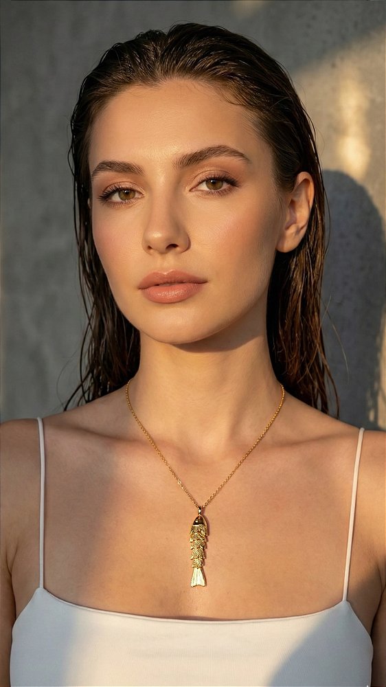 Colar Pingente Sardinha Aço Dourado