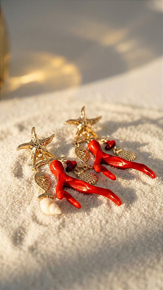 Brinco Coral Estrela Marítimo Vermelho Dourado