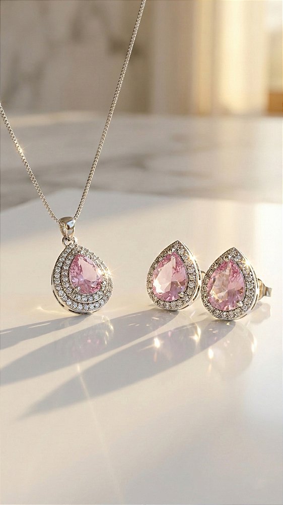 Conjunto Gota Zircônia Rosa Cravejado Prata