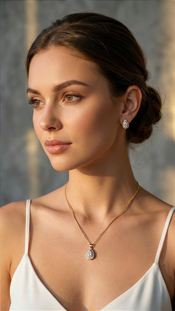 Conjunto Gota Cristal Zircônia Cravejado Dourado