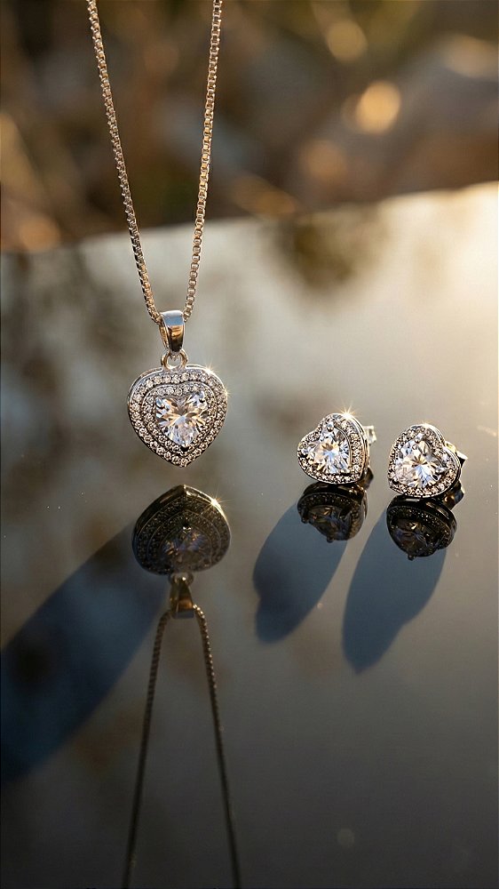 Conjunto Coração Zircônia Cristal Cravejado Prata
