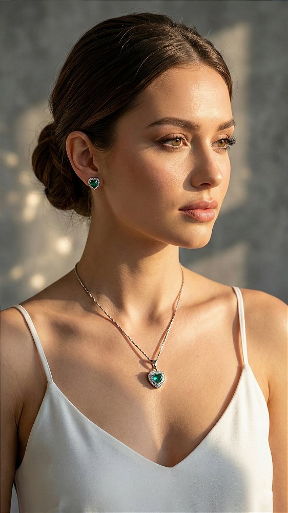 Conjunto Coração Zircônia Esmeralda Cravejado Prata