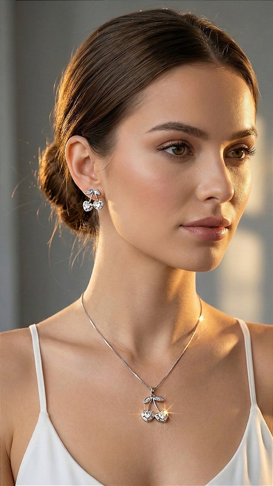 Conjunto Cerejas Zircônia Cristal Prata