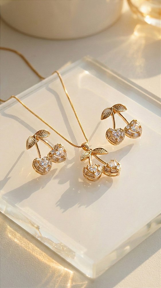 Conjunto Cerejas Zircônia Cristal Dourado