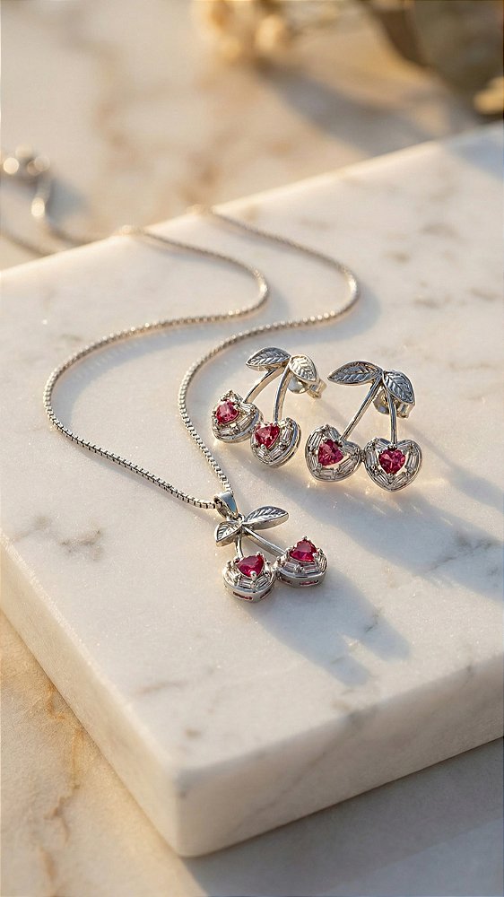 Conjunto Cerejas Zircônia Rosa Prata