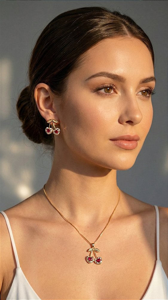 Conjunto Cerejas Zircônia Rosa Dourado
