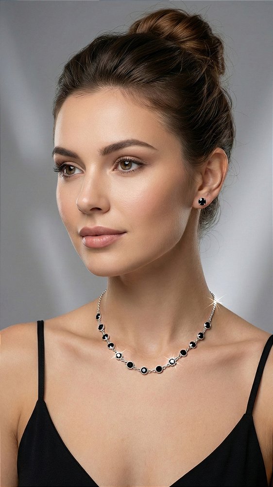 Conjunto Ponto de Luz Cristal Preto Prata