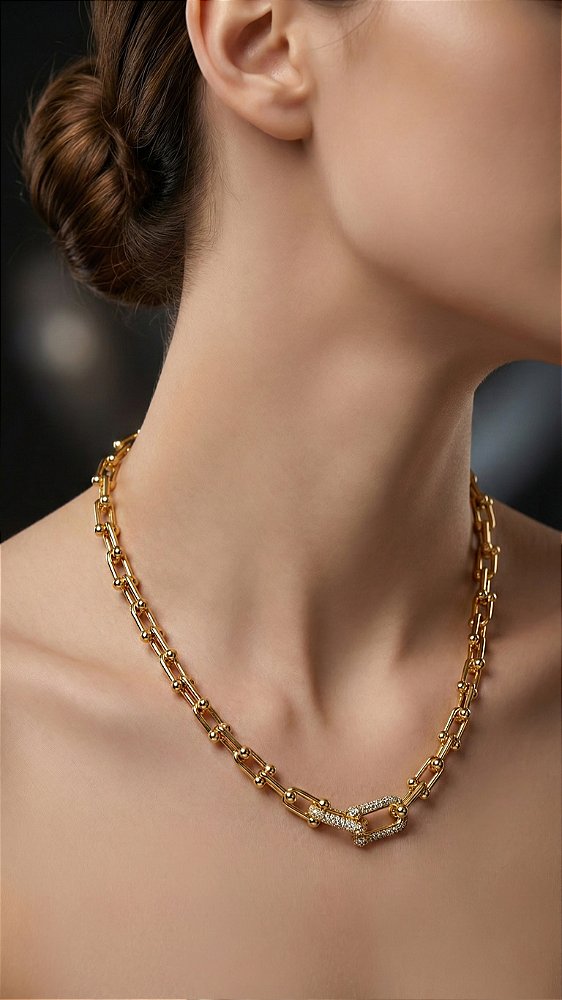 Colar Elos Insp Tiffany Cravejado Aço Dourado